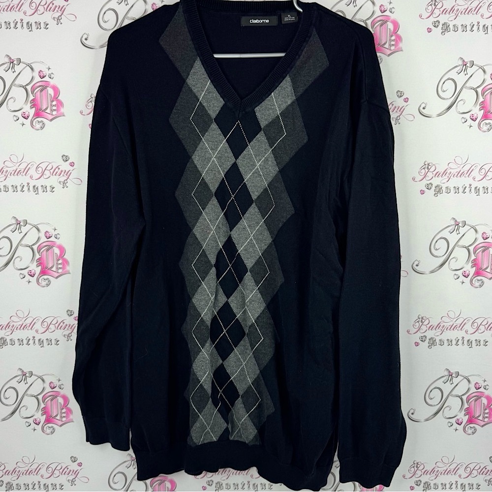 Claiborne sweater Vneck preppy Argyle V-Neck Sweater knit cotton preppy style